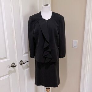 Tahari Black Pinstripe Ruffle Blazer and Skirt Two Piece Suit Set Size 16